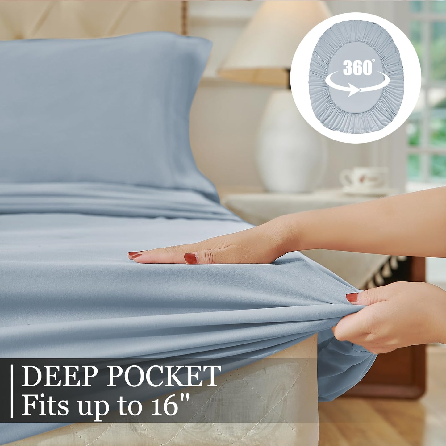 Yibeizi King Size Sheets Set Cooling Deep Pocket Bed Sheet Sets, Light Blue Soft Microfiber Oeko-Tex Hypoallergenic Sheets & Pillowcases Wrinkle Free Bedsheets