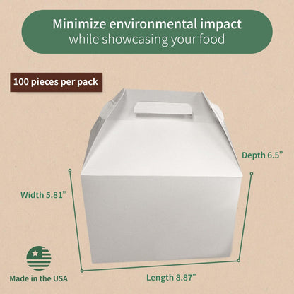 FC Meyer Packaging MeyerBarn White Glossy Chicken Gable Boxes with Handles, Durable Cardboard Food Take Out Cartons, Barn Style Box for Fried Chicken & Meals, 10lb, 8" L x 6" W x 5" H (Pack of 100)