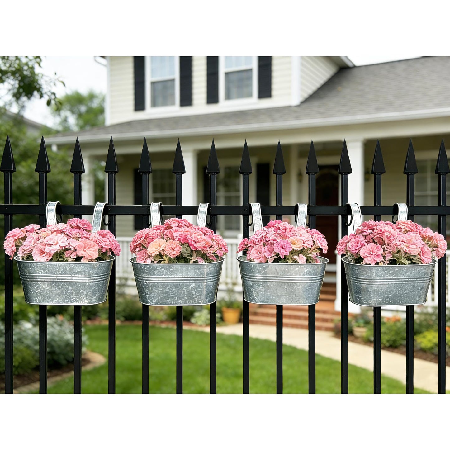 Joyfernal Balcony Galvanized Hanging Planters Railing Flower Pots, Outdoor Metal Fence Planter Pot with Detachable Hooks Drain Hole for Garden Patio Yard Decor (10 Inch, 2Pcs)