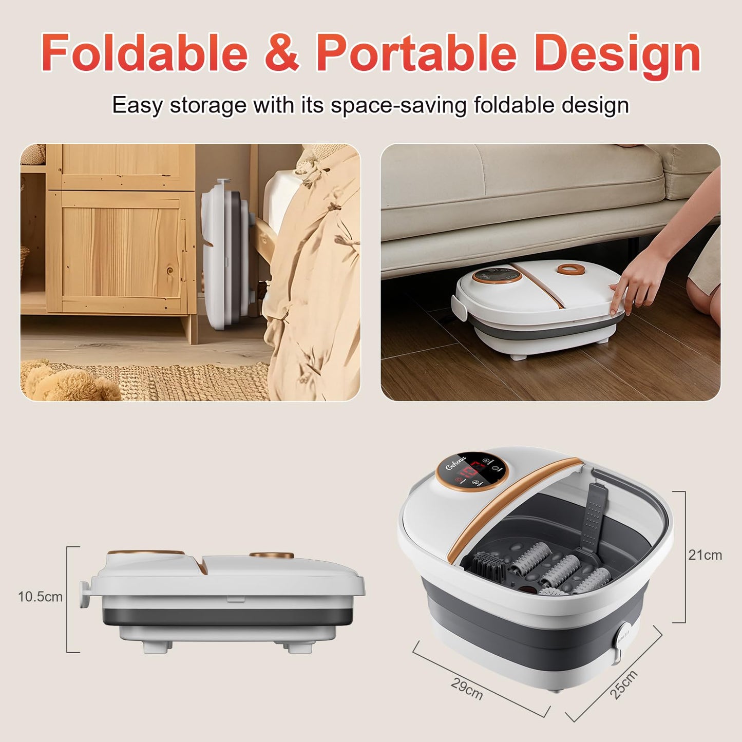GEHONA Collapsible Foot Spa Bath with Heat,Foot Massager with Two Side Supports,Leakage Protector,Temperature Control,Bubbles,Red Light,Timer, Feet Spa Tub,Feet Soaker,Gifts (White)