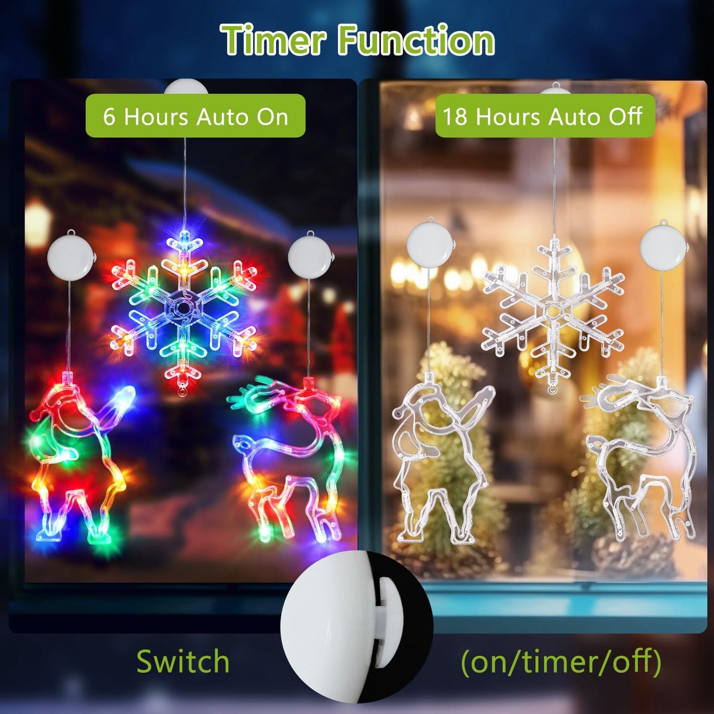 3Pcs Christmas Window Lights, Battery Powered Christmas Window Hanging Decorations Reindeer & Xmas Tree & Snowflake Shaped Indoor Lights with Suction Cup, Timer for Xmas New Year Home Decor