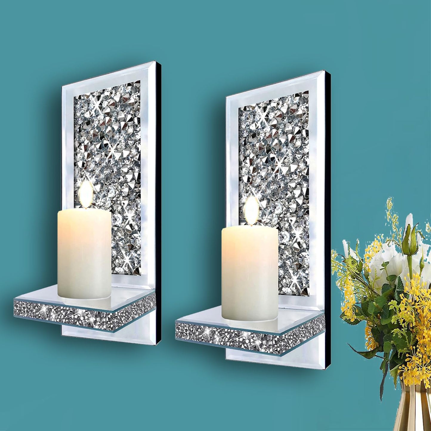 ZOLAPI Set of 2 Crystal Crush Diamond Candle Sconces, Gorgeous Silver Mirrored Wall Sconce, Candle Holder Glass Wall Decorations for Home Décor, Living Room, Dining Room. 1A