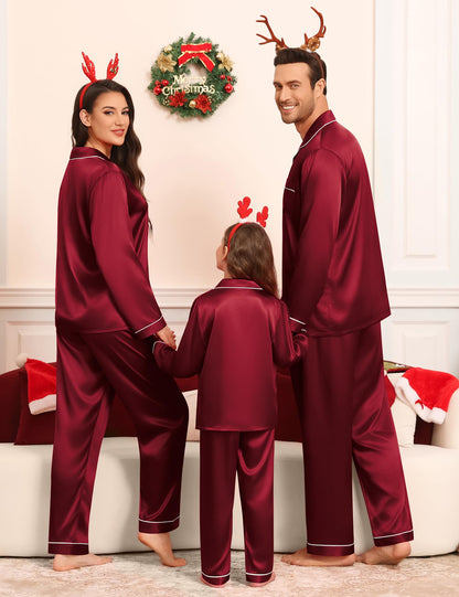 SWOMOG Family Matching Pajamas Set Silk Satin Button Down Sleepwear Long Sleeve Nightwear 2 Pcs Pj Set Men Wine Red Large