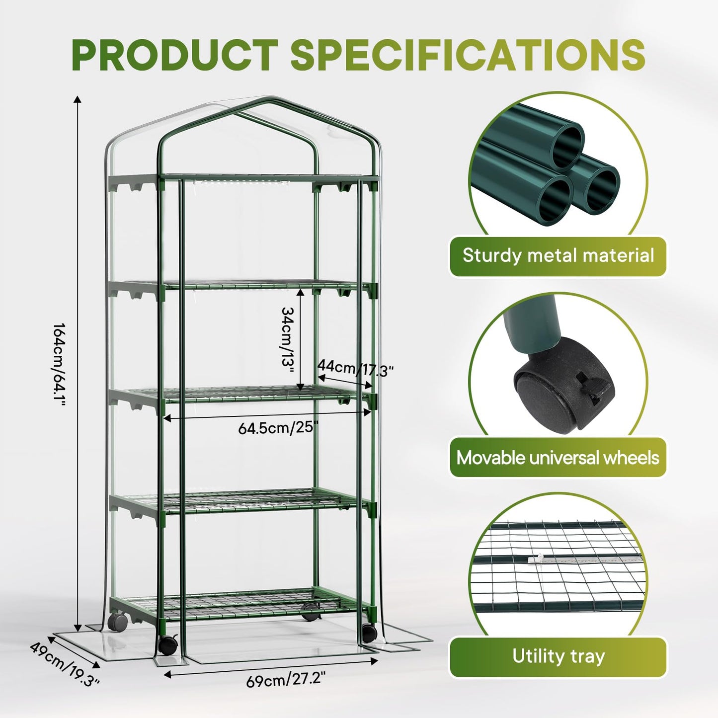 Indoor Greenhouse with Grow Lights & Wheels, 4 Tier Wire Shelf PVC Tent Portable Mini Green House Cabinet Kit for Plant Seed Starting Mushroom Grow
