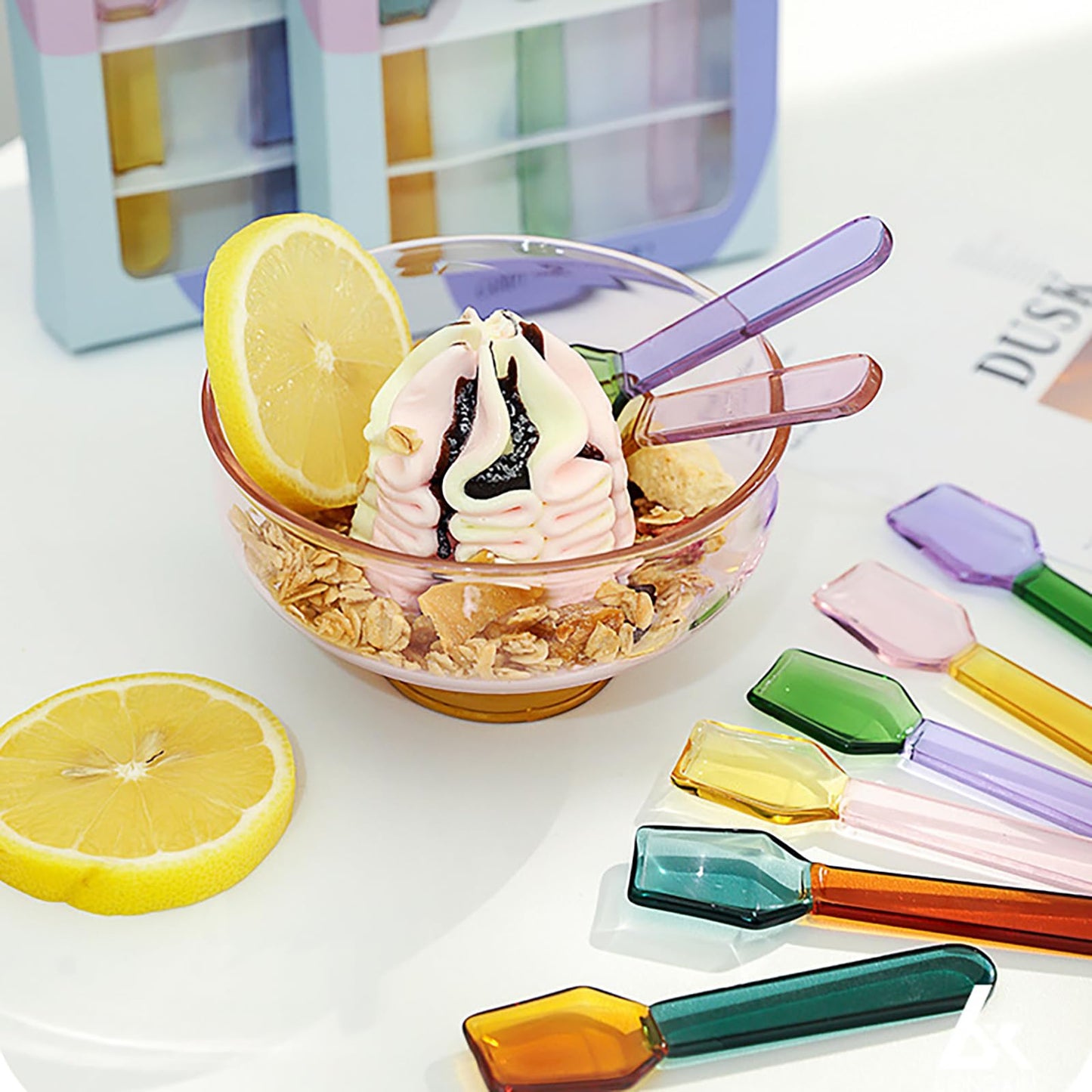 TMXAOK 3 Pieces Colorful Small Glass Spoon, 3.6Inch Clear Crystal Ice Cream Dessert Coffee Stirring Spoon Teaspoon Salt Sugar Seasoning Jam Honey Scoop for Cafe Bar Party (B)