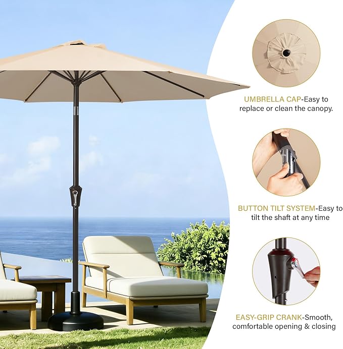 MEWAY 9ft Patio Umbrella Outdoor Table Umbrellas with Push Button Tilt and Crank, Market Umbrella 8 Sturdy Ribs for Deck, Garden, Pool and Backyard, Cream Beige