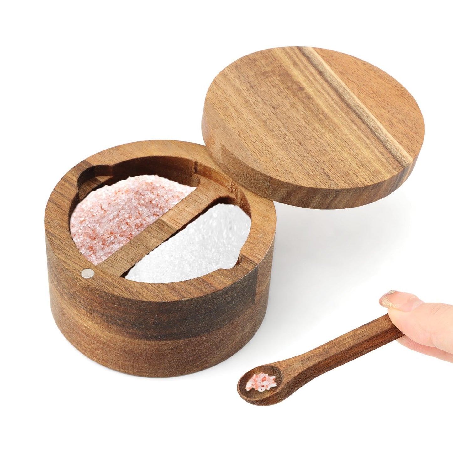 Restynic Wood Salt & Pepper Bowl with Magnetic Swivel Lid - Built-in Spoon, Natural Wood Grain, for Kitchen Spice Storage or Gifting(COLOR:Two Compartment)