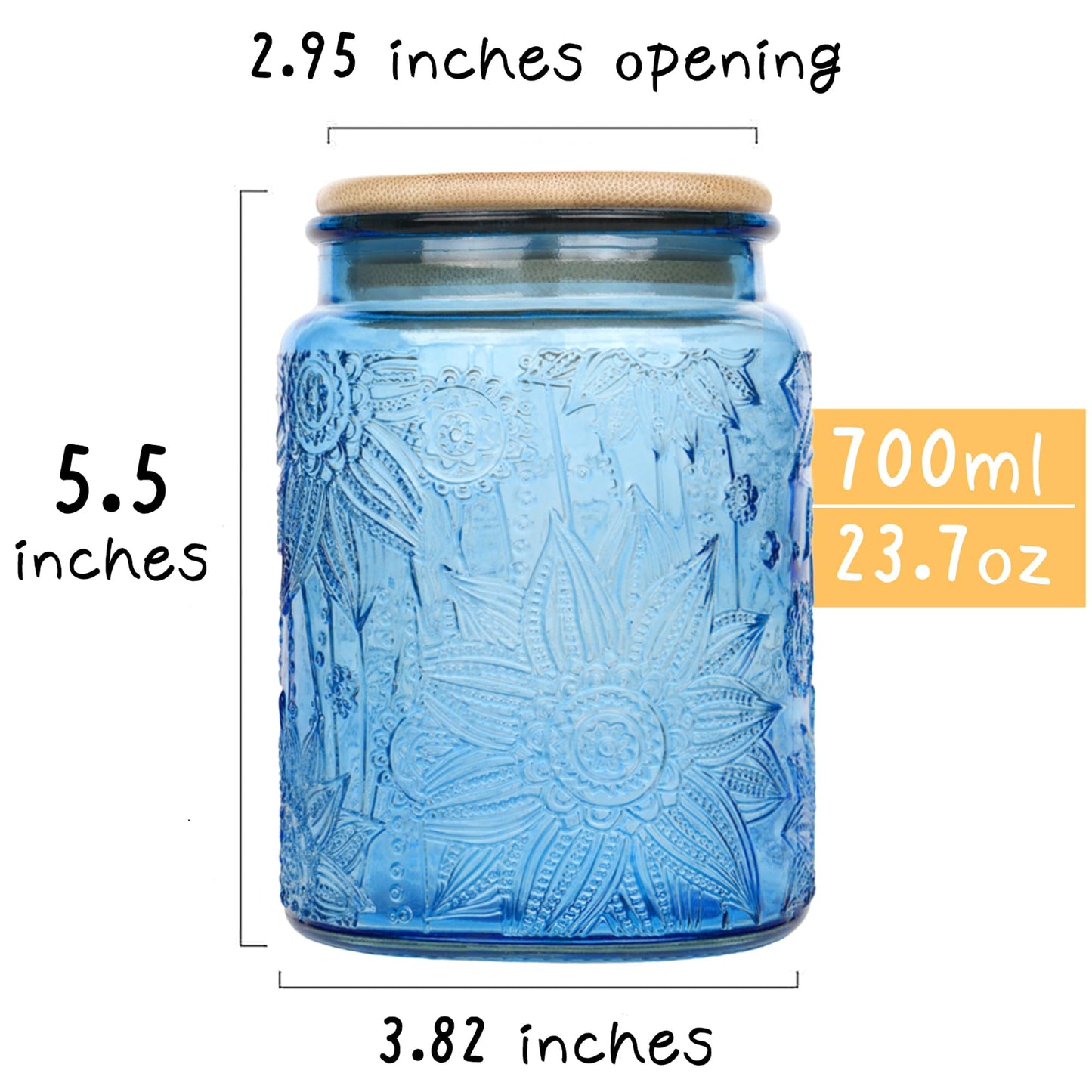 Custde Glass Storage Jars With Airtight Lid, 23.7oz Canister For Kitchen Counter with Bamboo Lid, brown sugar, candy, coffee, cookie, salt, tea,pantry cute Jar (Blue 2-Pack, 23.7 fl oz)