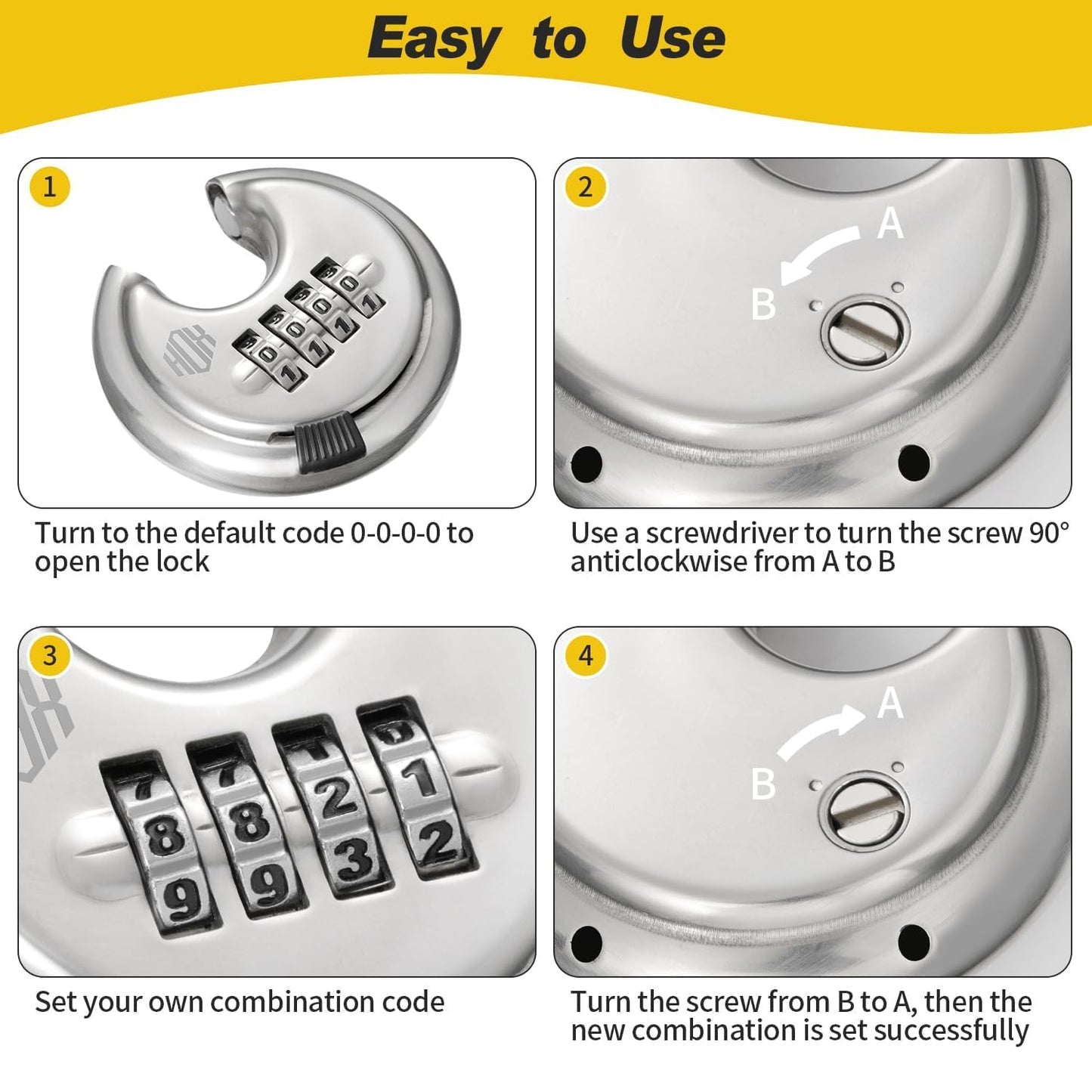 HOX Combination Lock, 4 Digit Disc Padlock with 3/8 Inch Hardened Steel Shackle, 2-3/4 Inch Wide Body, Keyless Heavy Duty Combo Lock for Hasp Latch, Sheds, Fences, Storage Locker (4 Pack)