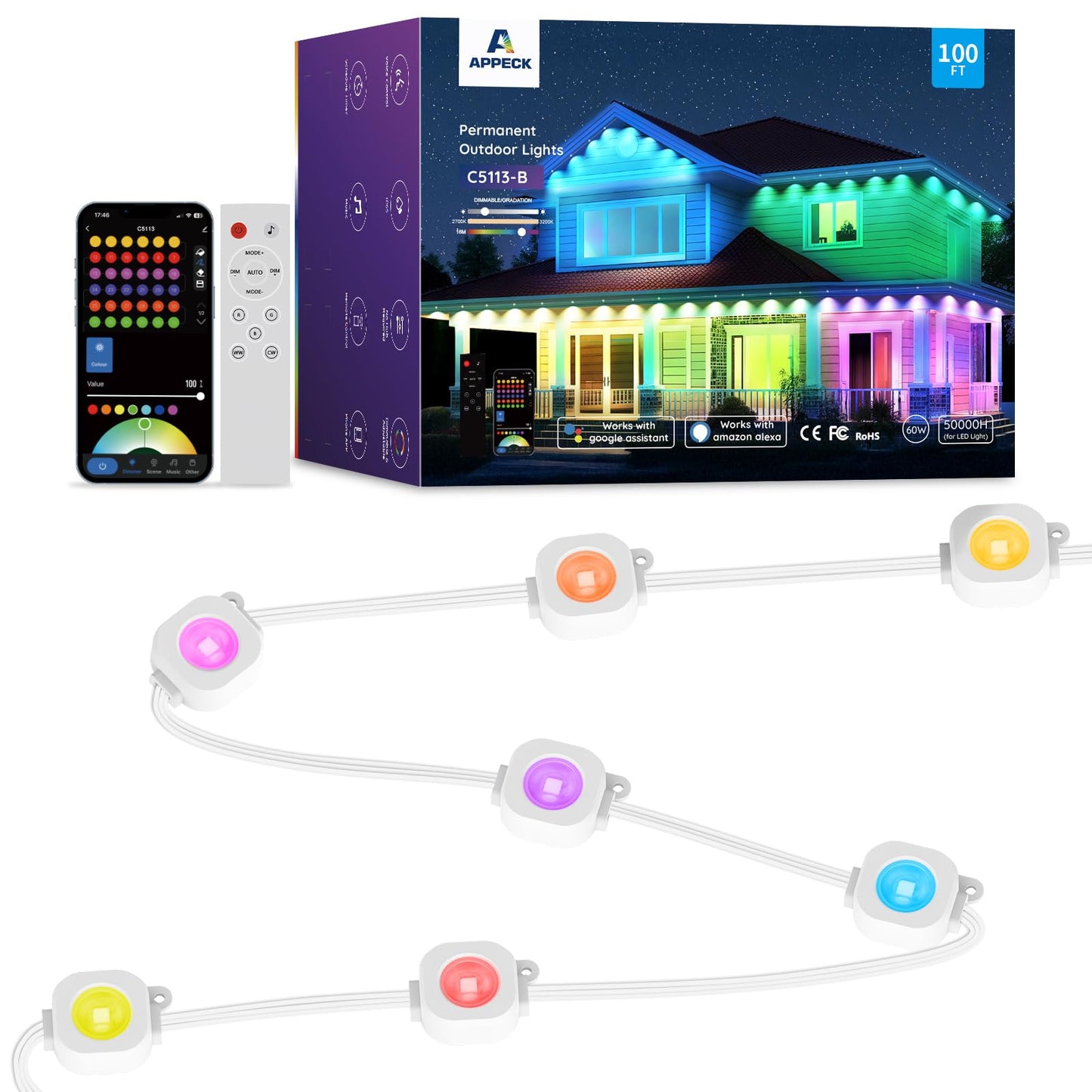 Permanent Outdoor Lights 100ft,RGBW Eaves Light with 72 LED Lights,111+ Scenes Modes Outdoor Lighting, Waterproof Permanent Light for Daily Holiday Halloween Decorations, Compatible with Alexa,White