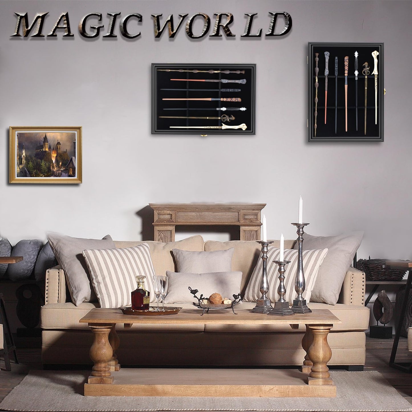 Grhonior 7 Wands Display case Universal Wizard Magic Wand Stand Wall Mount Lockable Wood magiquest Wand Vertical Hanging Holder Box Rack for Wand Collection