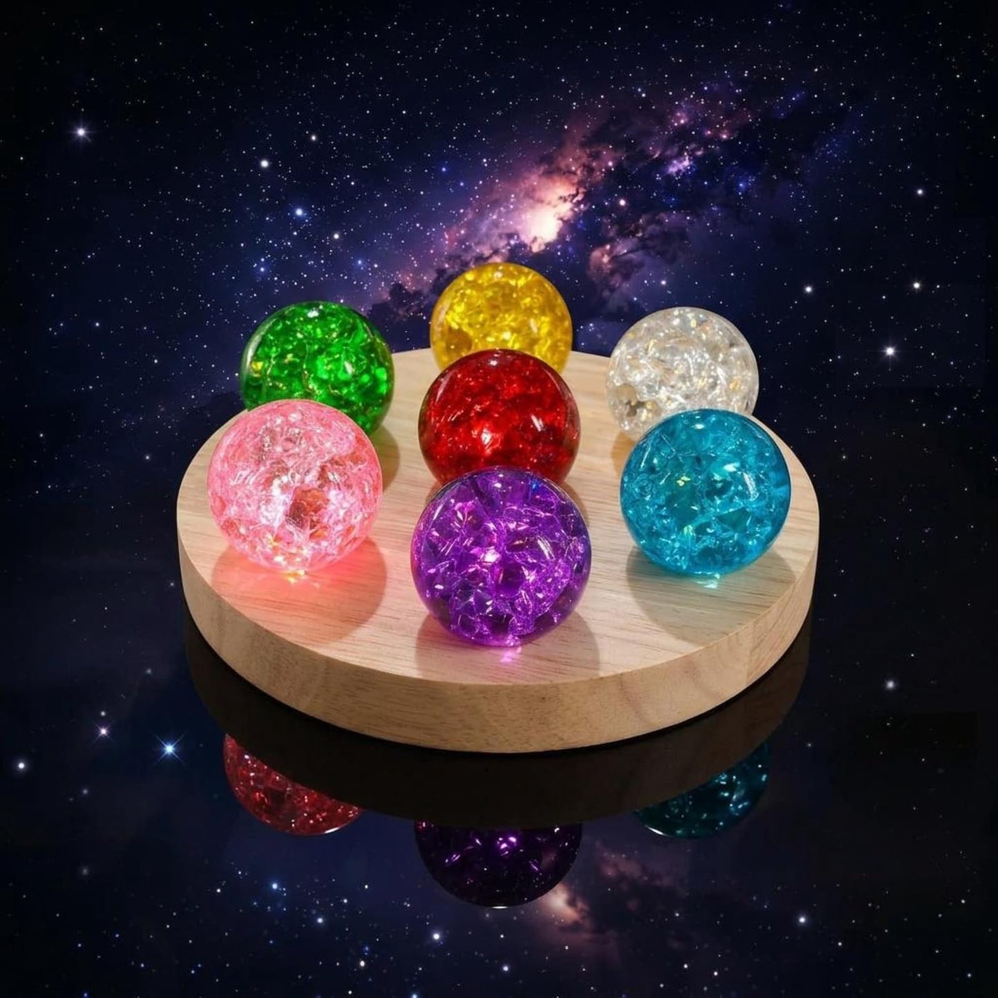 JINWU ClearPeak 7 Colors 40mm Ice Cracked Crystal Balls, Chakra Healing Sphere with LED Wooden Base, Glass Night Light for Home Living Room Meditation, Valentines Day (Set 7-Rainbow-Round)