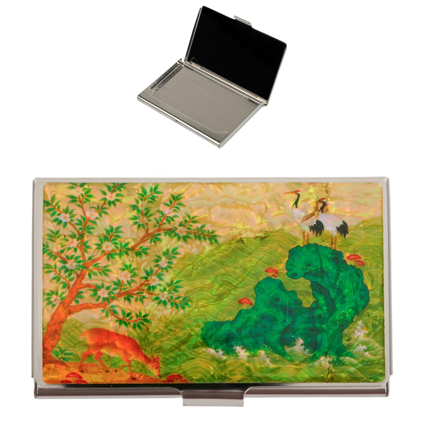 February Mountain Korean Mother-of-Pearl Business Card Holder – Crane & Deer Nature Design | Unique Asian Art Office Gift for Men & Women | Elegant Card Case for Professionals