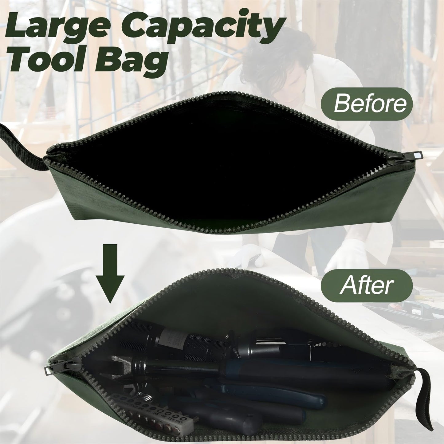 Eccliy 12 Pcs Canvas Tool Bag Pouch Zipper 16 oz Heavy Duty Utility Pouch Bag Multipurpose Storage Organizer 11.8" x 7.9" for Tools, Stationary, Craft, Electronics, Home & Workshop(Army Green)