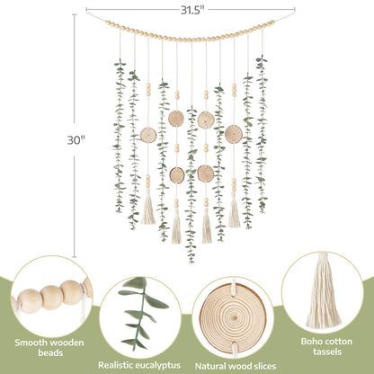 Dahey Hanging Artificial Plant Eucalyptus Wall Decor 31'' Wooden Bead Garland with Fake Greenery Leaves Boho Rustic Farmhouse Wall Art for Bathroom Office Living Dining Room Bedroom Kitchen Decoration
