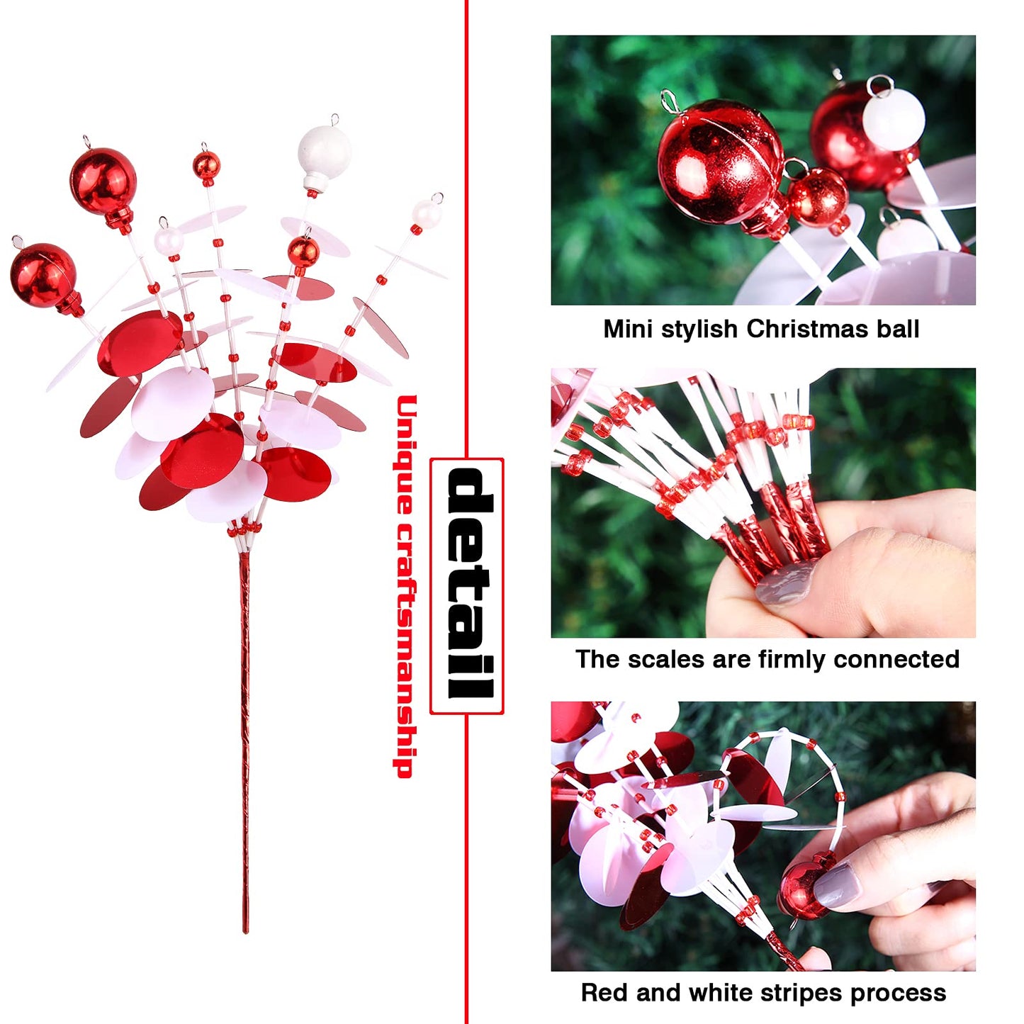 ZHANYIGY 6PC Set 12" H Red White Christmas Ornaments Sequins Ball Pick, Christmas Tree Decorations Christmas Tree Topper Star Home Office Perfect Party Decorations Gifts