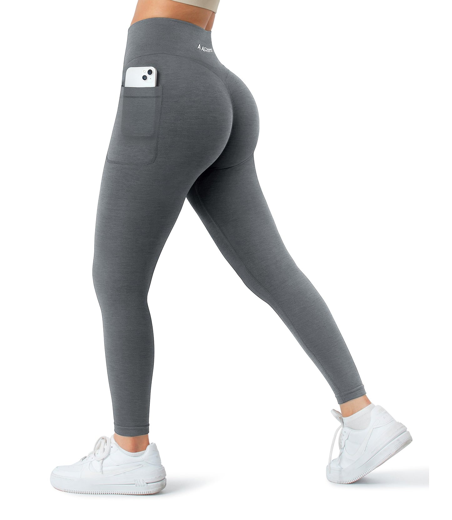 A AGROSTE Women Seamless Workout Leggings with Pockets Scrunch Butt Lifting Gym Leggings High Waisted Yoga Pants