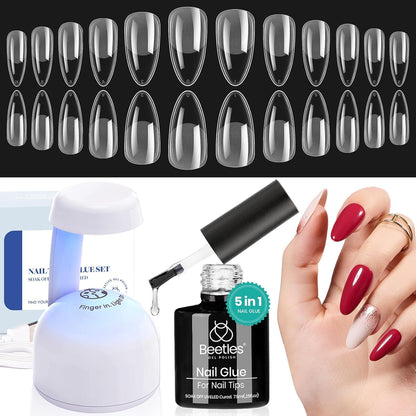 Beetles Gel Nail Extension Kit Almond Shape, Easy 9 in 1 Glue Uv Led Set Etch X Nail Tips Short Almond Half Matte Tips, Gift for Women & Girls, 504 pcs