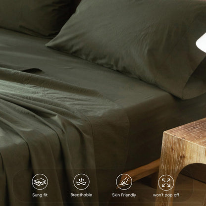 MooMee Fitted Bottom Sheet Only 100% Washed Cotton Linen Like Textured Breathable Durable Soft Comfy Deep Pocket Fits Mattress up to 17" (Olive Green, Queen)