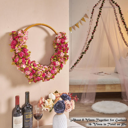 PONKING 8 Pcs x 8.2 ft Flower Garland Artificial Rose Vine Flowers with Green Leaves Hanging Fake Roses Vine for Room Party Home Wedding Birthday Christmas Wall Arch Decor, Fall Purple Flower