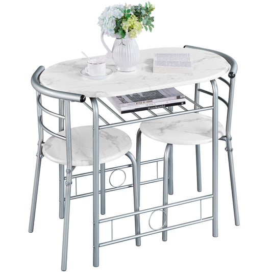 Yaheetech 3 Piece Modern Dining Table Set, Kitchen Table and Chairs Set for 2, Space Saving Table Set, Breakfast Nook Table Set with Steel Legs and Storage Rack for Kitchen/Small Space, White