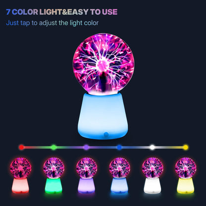 Xsnzdq Plasma Ball Lamp 3-Inch, Touch Reactive Lightning Globe, USB-C Powered Electric Plasma Ball, 7-Color LED Base Night Light, Interactive STEM Science Toy, Desk Decor Gift