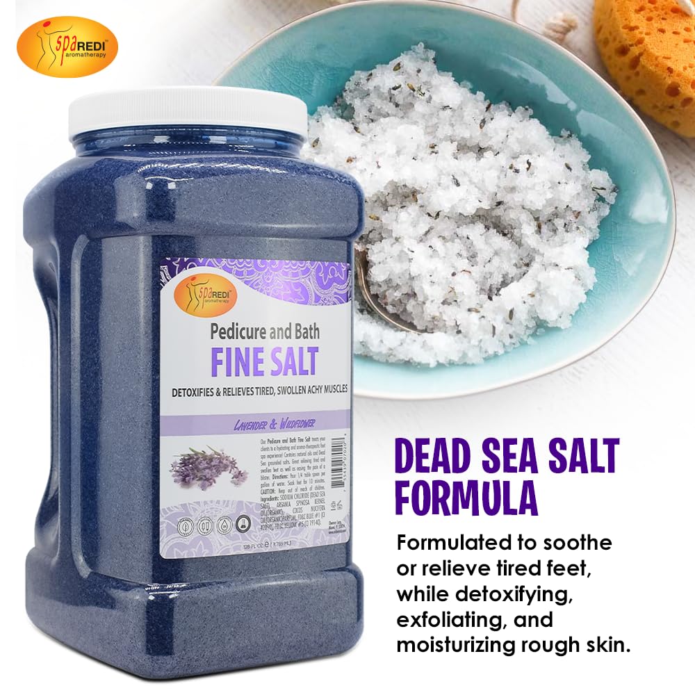 SPA REDI - Detox Foot Soak Pedicure and Bath Fine Salt, Lavender and Wildflower, 128 Oz - Made with Dead Sea Salts, Argan Oil, Coconut Oil, and Essential Oil, Hydrates, Softens and Moisturizes