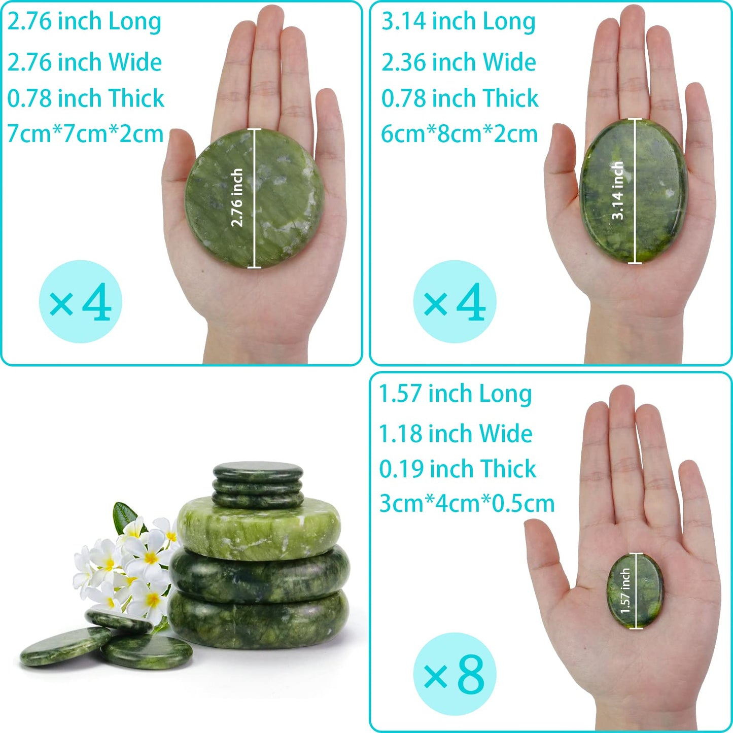 Windfulogo 16Pcs Large Hot Massage Stones Set Natural Green Jade Heated Warmer Stone for Spa Massage 776834