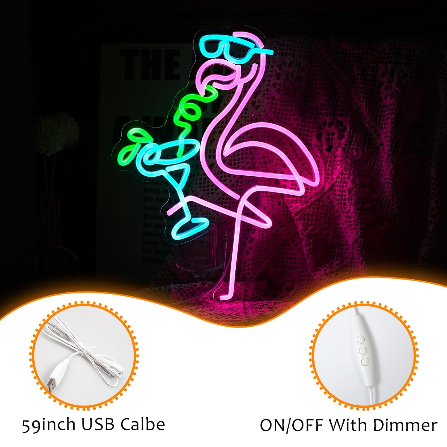 Flamingos Drink Neon Sign LED Cocktail Light Up Sign for Wall Decor Dimmable USB Powered Animal Neon Light for Living Room Kids Room Bar Art Wall Decor （16.7 * 12.8In）