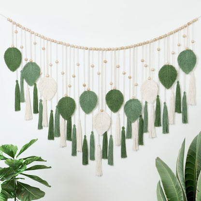 Betylifoy Large Macrame Wall Hanging Boho Handmade Woven Tapestry with Wood Beads Beige Green Chic Leaf Feather Boho Wall Art Decor Macrame Tapestry Wall Decor for Bedroom Living Room Nursery Apartment 51.2"W X 31.5"L