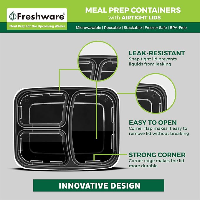 Freshware Meal Prep Containers 21 Count, 3 Compartment
