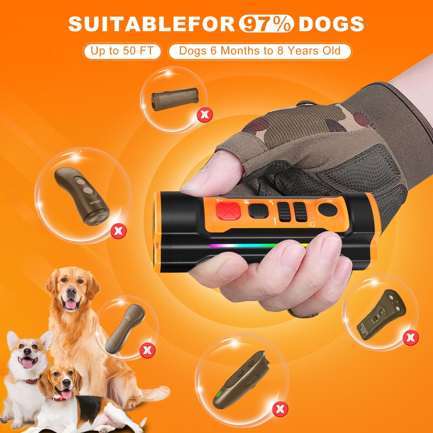 Chwwen Dog Bark Deterrent Devices 2025 Release Anti Barking Device for Dogs Barking Silencer in 55FT Indoor Outdoor 3X Head Anti Bark Device with Flashlight &Party Flashlight Portable Training Tool