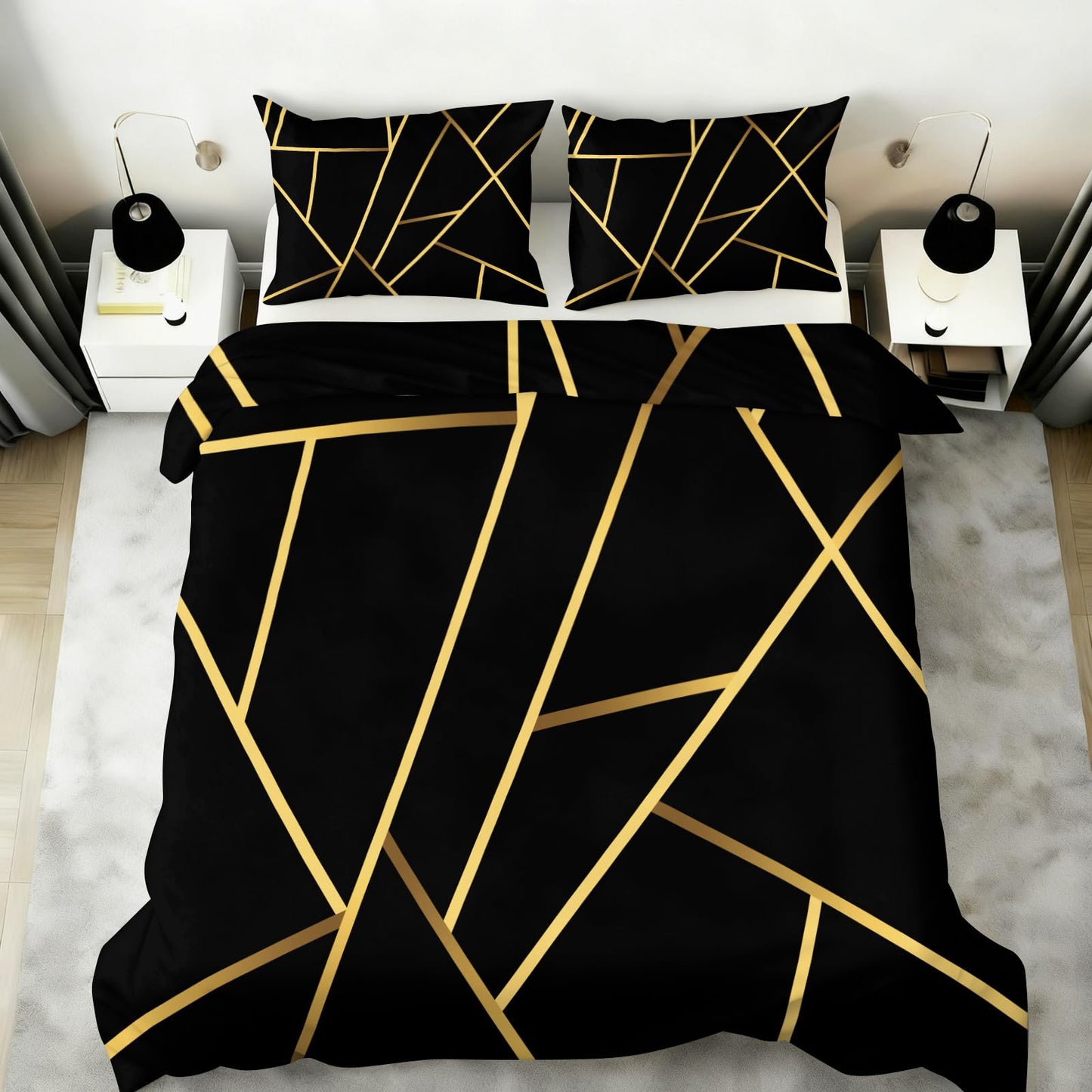 ZAOMIR Geometric Duvet Cover Queen Size, Abstract Modern Geometric Stripes Bedding Set 3 Piece, Black Gold Geometry Lines Patterned Comforter Cover with Zipper Soft Microfiber, 2 Pillowcases