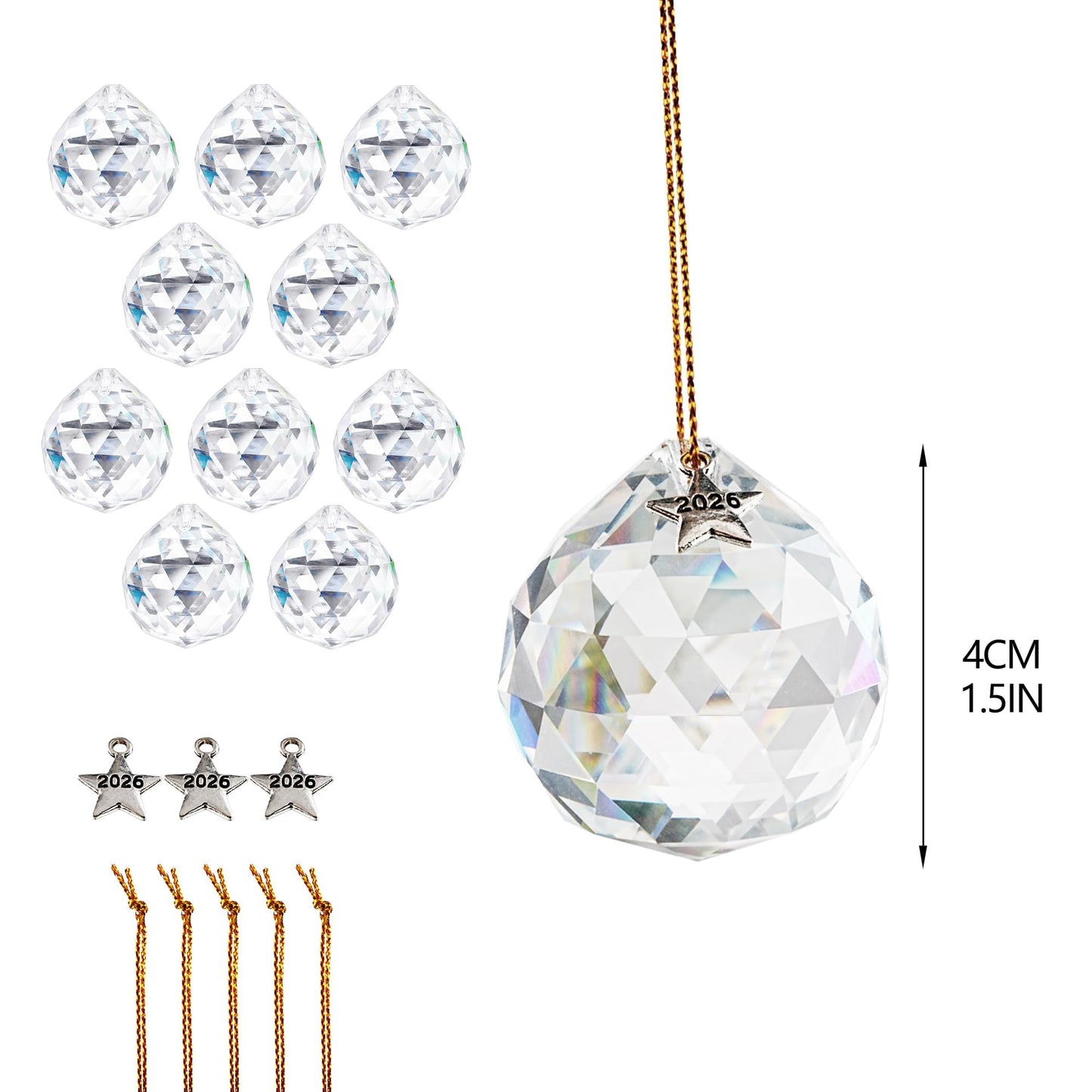 LOULIQIGIFT 10Pcs 40mm Clear Crystal Ball Prisms Hanging Crystals Pendants with 2026 Star Charms for Wedding, Windows, Chandelier, Mothers Day Decorations