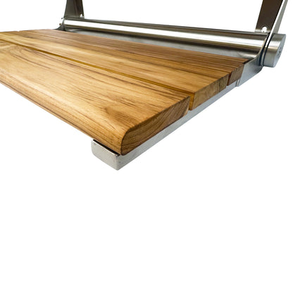 Teak Shower Seat Bench with Back - Wall Mounted Fold Up Shower Seat, Waterproof Folding Teak Bath Chair for Seniors, 304 Stainless Steel, with 300 lbs Capacity - 24" Length, Brushed Stainless Finish