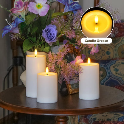 Yeelida Outdoor 6pcs Flameless Waterproof Candles with Handy Remote Control, Cycle Timer Battery Operated Candle Grease Effect LED Flickering Pillar Plastic Long Lasting (White, 3" x4" 5" 5" 6" 6" 7")
