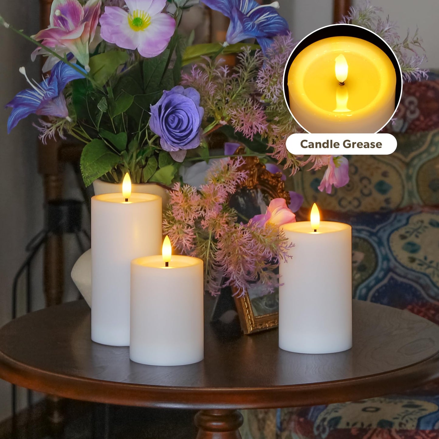 Yeelida Outdoor 6pcs Flameless Waterproof Candles with Handy Remote Control, Cycle Timer Battery Operated Candle Grease Effect LED Flickering Pillar Plastic Long Lasting (White, 3" x4" 5" 5" 6" 6" 7")