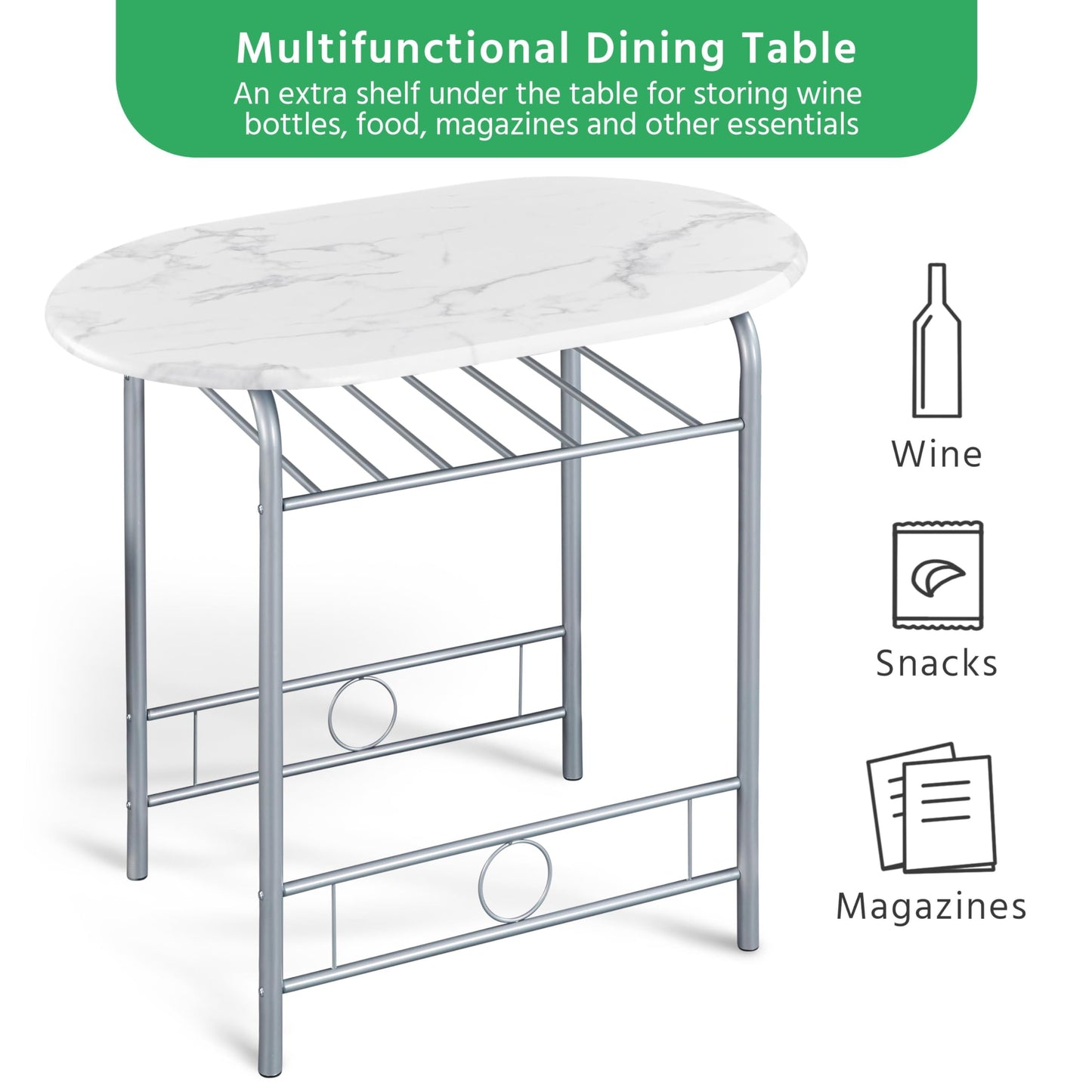 Yaheetech 3 Piece Modern Dining Table Set, Kitchen Table and Chairs Set for 2, Space Saving Table Set, Breakfast Nook Table Set with Steel Legs and Storage Rack for Kitchen/Small Space, White