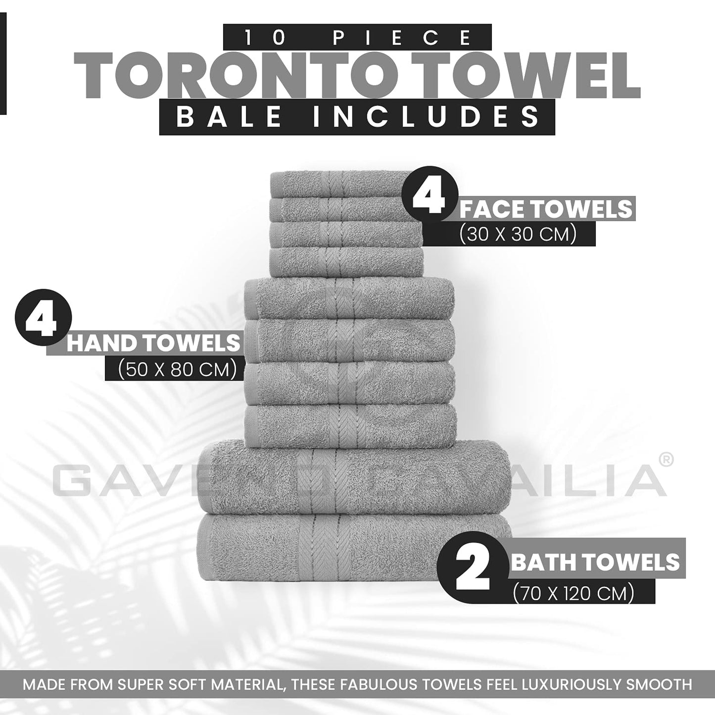 GC GAVENO CAVAILIA 10 Piece Towel Bale Set | Quick Drying Cotton Towel Highly Absorbent 450 GSM Silver Towels Set | Bathroom Towels Bale Set 4x Face 4x Hand 2x Bath Towels