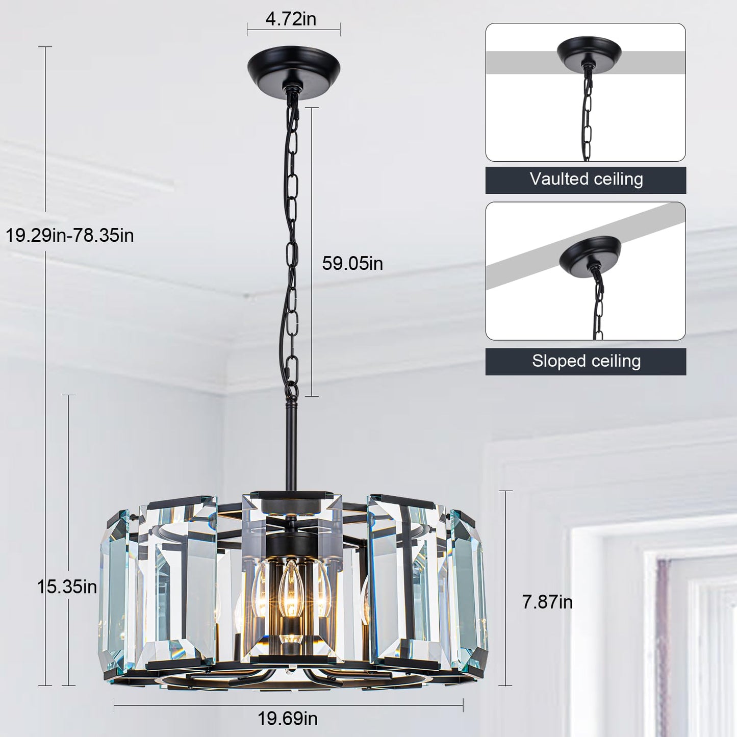 ASHUAQI 20" Modern Crystal Chandelier for Dining Room, 5-Light Black Glass Chandelier, Round Crystal Pendant Light Fixture for Kitchen Island Living Room Entryway Foyer Hallway