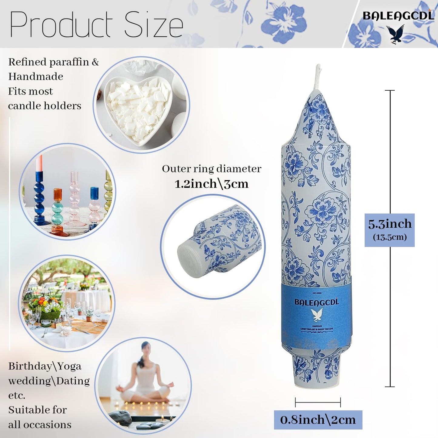 Floral Taper Candle Handmade Unscented Candlesticks 5 Inch Short Candle Sticks Blue Flower Print Tapered Candles for Home Party Wedding Decor & Gifts Set of 4