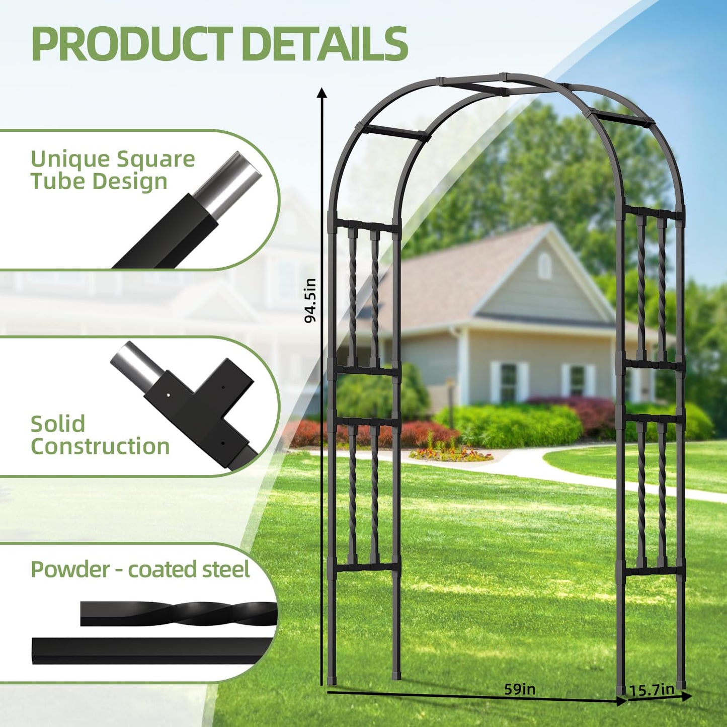 Square Tube Garden Arch Trellis 4.9x7.9FT,Metal Arbor for Climbing Plants,Outdoor Archway for Patio Lawn Backyard Wedding Ceremony