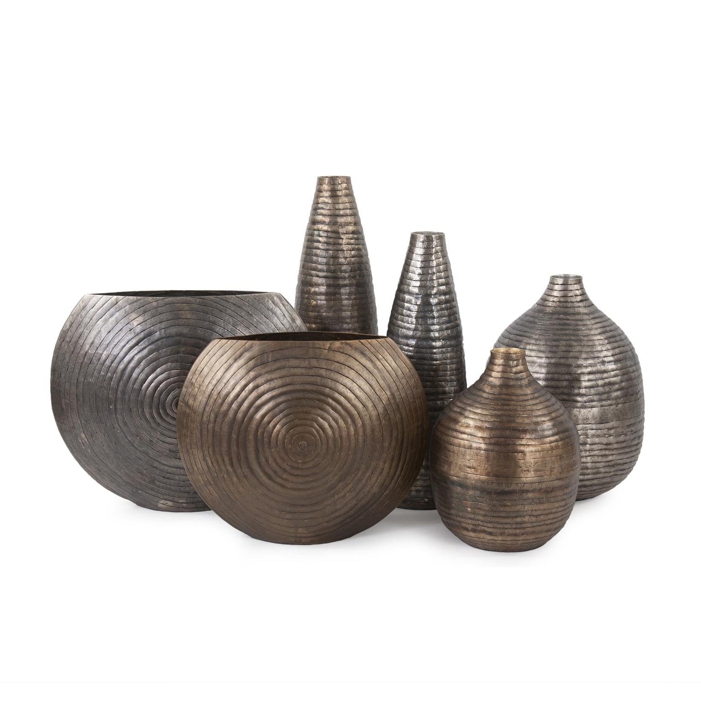 Howard Elliott Collection Circlet Bottle Vase Small, Embossed Aluminum Vase with Ring Pattern and Antique Gold Finish, Rustic Decorative Accent for Table, Shelf or Console, 13.5H x 10W x 10D