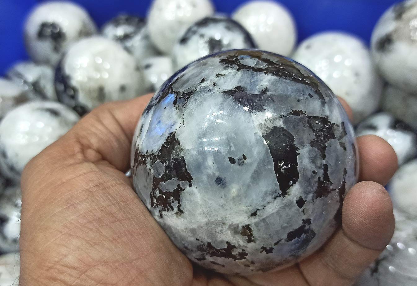 Wholesale Gem Shop Rainbow Moonstone Sphere 40-45 mm with Stand