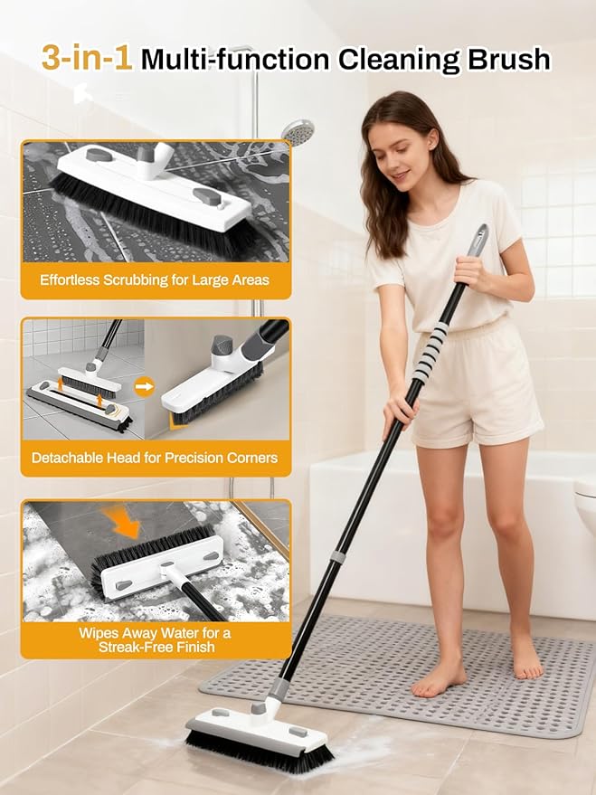3 in 1 Floor Scrub Brush with Long Handle 55" Push Broom Stiff Bristle Scrubber