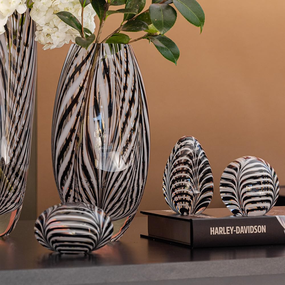 Ca D Oro Murano Style Glass Vase Black and White Feather Pattern Hand Blown Art Glass for Flower, Room Decoration and Centerpiece - Model 54 MS