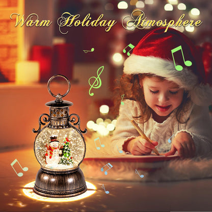 Christmas Snow Globes Lantern Musical,6H Timer Cylinder Glitter Snow Globe,Bronze Snow Globes Christmas with Music Box Including 8 Songs,Lantern with Xmas Tree Snowman Decor