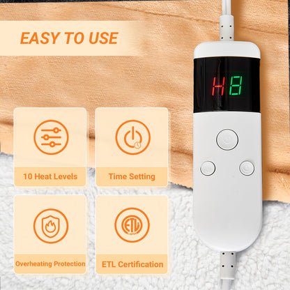 Electric Blanket Heated Throw, Soft Flannel Heating Blanket with 8 Hours Auto Off 10 Fast Heating Levels Machine Washable Sherpa Heated Blanket with Overheating Protection