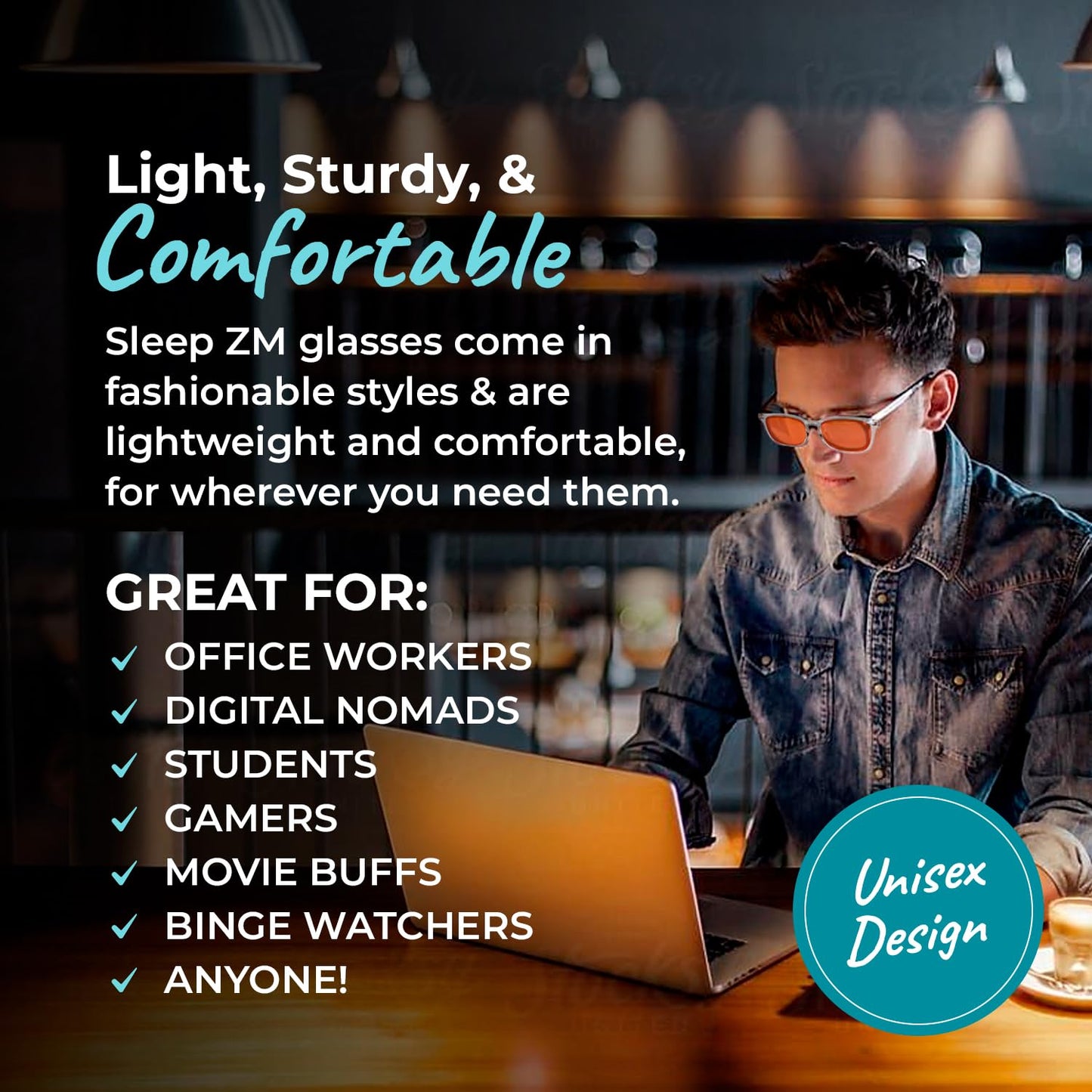 Sleep ZM Blue Light Blocking Glasses for Women + Men - Better Sleep + Anti Eye Strain Protection - Computer Screens & Gaming - Crystal Wayfarer - 99% Night-time Amber Lens