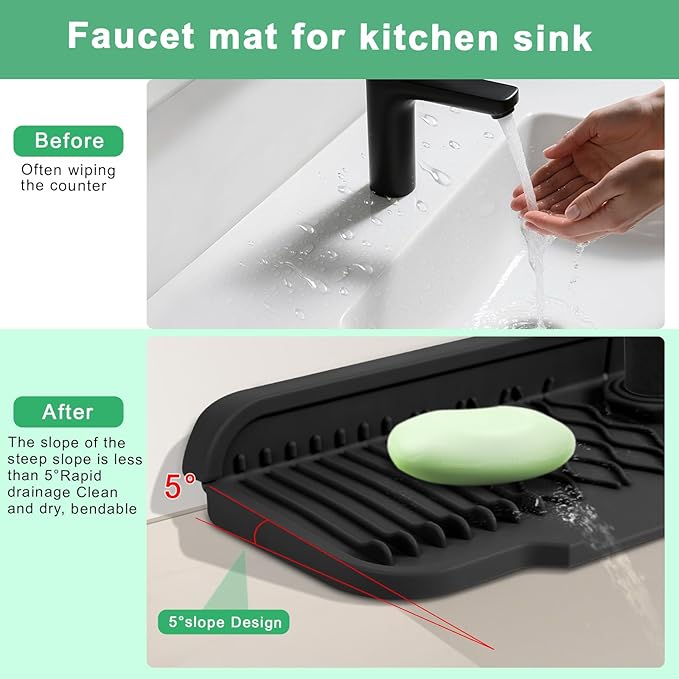 17 Inch Faucet Mat For Kitchen Sink Splash Guard Behind Faucet, ，5°Slope Fast